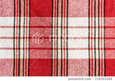 Red fabric with vertical and horizontal stripes of different widths. On the red fabric, vertical and horizontal strips of different widths Red fabric with vertical and horizontal stripes of different widths. On the red fabric, vertical and horizontal strips of different widths 116291088