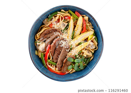Instant noodles with grilled beef isolated on white background, top view Instant noodles with grilled beef isolated on white background, top view 116291460