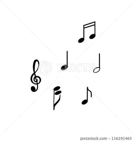 Sheet music, treble clef. All objects are drawn in vector in black on a white background. Suitable for printing on posters, invitations, cards, and for design. Sheet music, treble clef. All objects are drawn in vector in black on a white background. Suitable for printing on posters, invitations, cards, and for design. 116291465