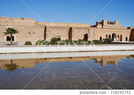 Marvelous El Badi palace reflected in water in Marrakech city in Morocco Marvelous El Badi palace reflected in water in Marrakech city in Morocco 116291731