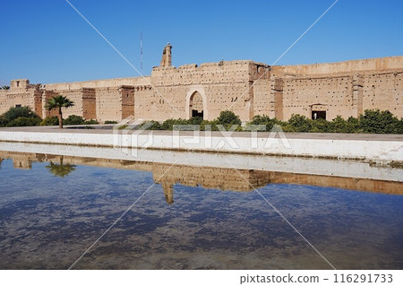 Stony El Badi palace reflected in water in Marrakech city in Morocco Stony El Badi palace reflected in water in Marrakech city in Morocco 116291733
