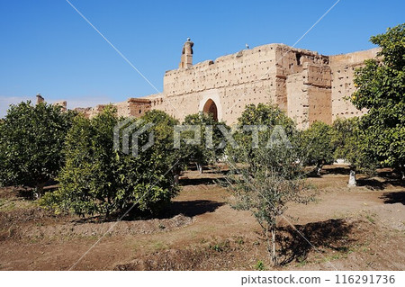 Part of El Badi palace and stork's nests in Marrakech city in Morocco Part of El Badi palace and stork's nests in Marrakech city in Morocco 116291736