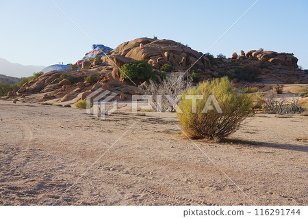 Scenic rocks on desert near African Tafraout town in Morocco Scenic rocks on desert near African Tafraout town in Morocco 116291744