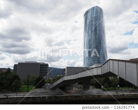 Scenic Abandoibarra bridge and iberdrola tower in European Bilbao city in Spain Scenic Abandoibarra bridge and iberdrola tower in European Bilbao city in Spain 116291774