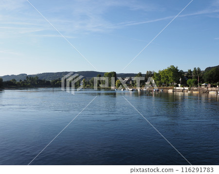 Riverside view to Rhine River in European STEIN AM RHEIN town in SWITZERLAND Riverside view to Rhine River in European STEIN AM RHEIN town in SWITZERLAND 116291783