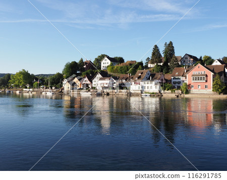Lakeside view to Rhine River in European STEIN AM RHEIN town in SWITZERLAND Lakeside view to Rhine River in European STEIN AM RHEIN town in SWITZERLAND 116291785