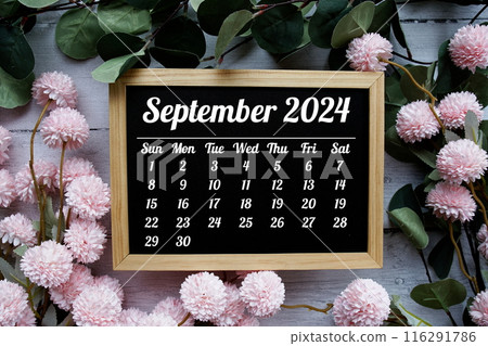 September 2024 monthly calendar with flower bouquet decoration on wooden background September 2024 monthly calendar with flower bouquet decoration on wooden background 116291786