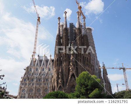 Scenic cathedral under construction in city of Barcelona in Spain 116291791