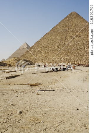 Focus on pyramids of Khufu and Khafre in African Giza city near Cairo in - vertical Focus on pyramids of Khufu and Khafre in African Giza city near Cairo in - vertical 116291793