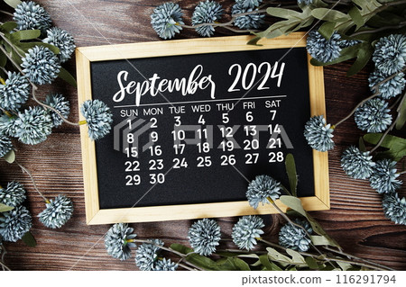 September 2024 monthly calendar with flower bouquet decoration on wooden background September 2024 monthly calendar with flower bouquet decoration on wooden background 116291794