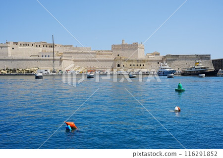 Scenic pier at fort St Angelo in Birgu city in Malta 116291852