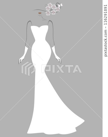 A girl in a long white dress and a hat with flowers on a gray background. 116291891