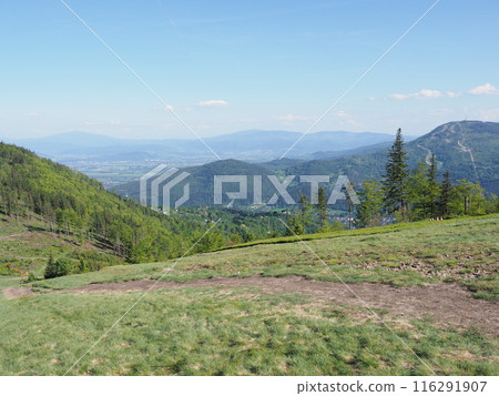 Panorama from Klimczok mount 1117 m in Silesian Beskids near European Bielsko-Biala city in Poland Panorama from Klimczok mount 1117 m in Silesian Beskids near European Bielsko-Biala city in Poland 116291907