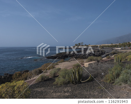 View of coastal promenade and black sand beach La Jaquita near Alcala village. Tenerife, Canary islands, Spain View of coastal promenade and black sand beach La Jaquita near Alcala village. Tenerife, Canary islands, Spain 116291943