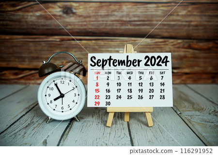SEPTEMBER 2024 monthly calendar for planning and management concept with alarm clock on wooden background SEPTEMBER 2024 monthly calendar for planning and management concept with alarm clock on wooden background 116291952