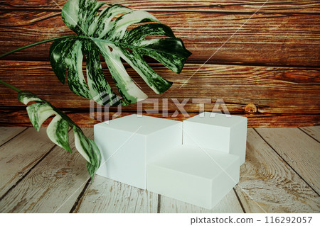 White blank square podium for product display with wooden background White blank square podium for product display with wooden background 116292057
