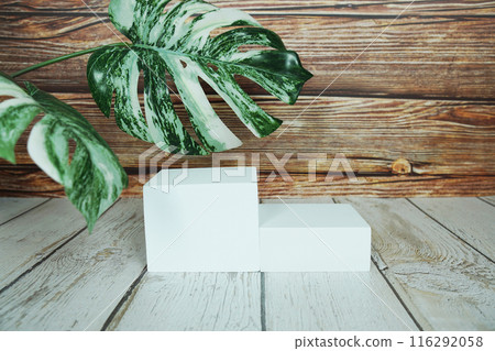 White blank square podium for product display with wooden background 116292058