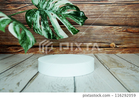 White blank square podium for product display with wooden background 116292059