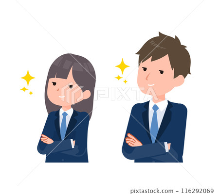 男女學生穿著深藍色西裝外套。一張自信而得意的臉。 男女學生穿著深藍色西裝外套。一張自信而得意的臉。 116292069