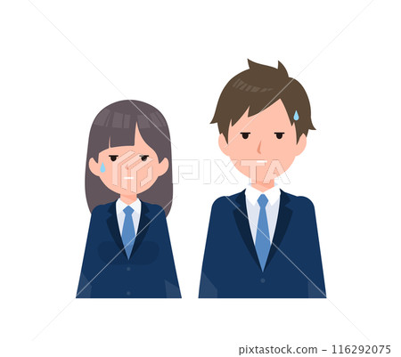男女學生穿著深藍色西裝外套。難以置信、震驚、困惑。 男女學生穿著深藍色西裝外套。難以置信、震驚、困惑。 116292075
