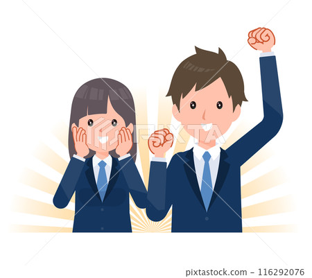 男女學生穿著深藍色西裝外套。感動,感動,欣喜。 男女學生穿著深藍色西裝外套。感動,感動,欣喜。 116292076