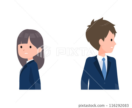 A male and female student wearing navy blue blazers. They seem indifferent to each other. 116292083