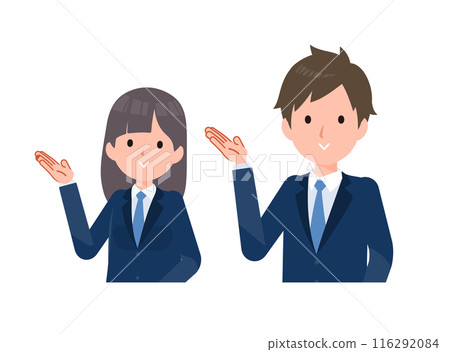 Male and female students wearing navy blue blazers. Posing to guide and introduce. Male and female students wearing navy blue blazers. Posing to guide and introduce. 116292084