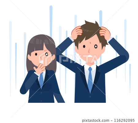 男女學生穿著深藍色西裝外套。因意外的麻煩而震驚。 男女學生穿著深藍色西裝外套。因意外的麻煩而震驚。 116292095