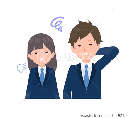 Male and female students wearing navy blue blazers. Troubles, failure, disappointment. 116292101