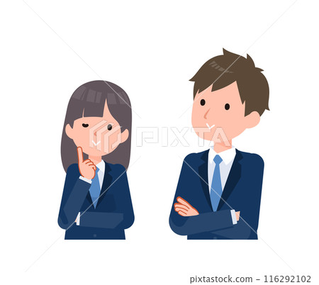 男女學生穿著深藍色西裝外套。讓您對正在考慮的場景感覺良好的表達方式。 116292102