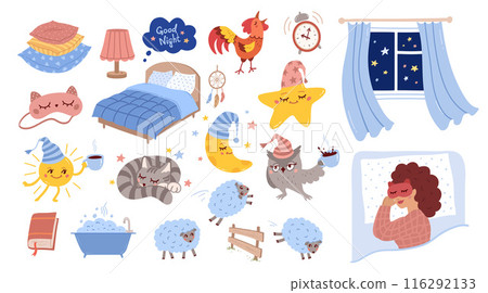 Good night vector hand drawn illustrations set 116292133