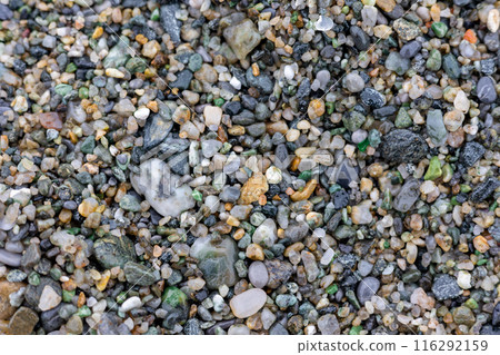 Seamless abstract background top view. Close-up texture of colorful sea pebbles. Drainage Seamless abstract background top view. Close-up texture of colorful sea pebbles. Drainage 116292159