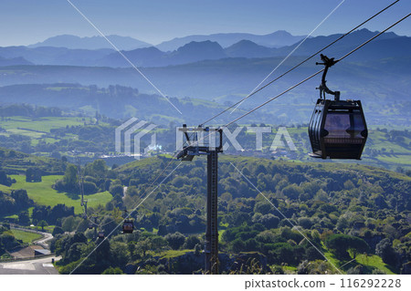 A cable car is suspended above a lush green valley. 116292228