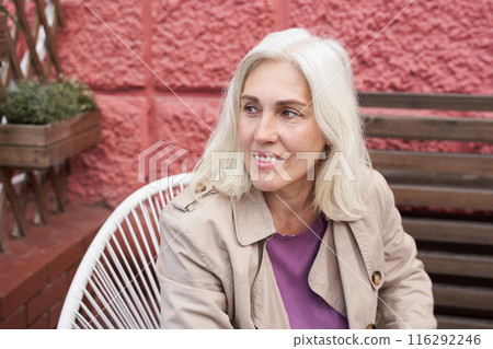 Pure skin care mature beauty portrait. Profile side view. Anti wrinkle senior Pure skin care mature beauty portrait. Profile side view. Anti wrinkle senior 116292246