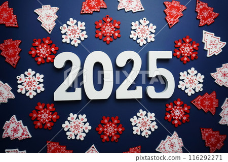 Happy New Year 2025 alphabet letter with Christmas decoration on blue background Happy New Year 2025 alphabet letter with Christmas decoration on blue background 116292271