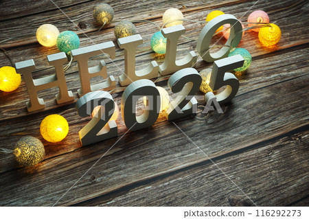 Hello 2025 alphabet letter with cotton ball LED decoration on wooden background Hello 2025 alphabet letter with cotton ball LED decoration on wooden background 116292273