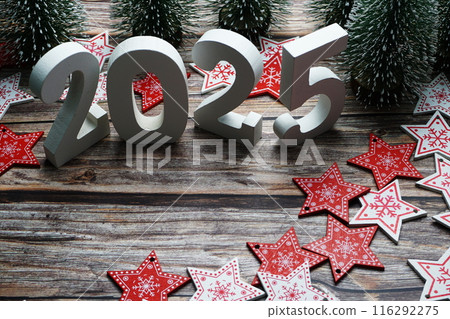 2025 Happy New Year and Christmas decoration on wooden background 2025 Happy New Year and Christmas decoration on wooden background 116292275