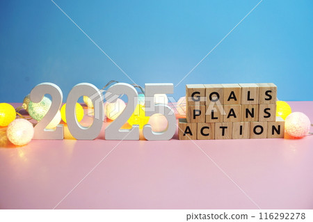 2025 new year goals, plan, action alphabet letters on blue and pink background 2025 new year goals, plan, action alphabet letters on blue and pink background 116292278