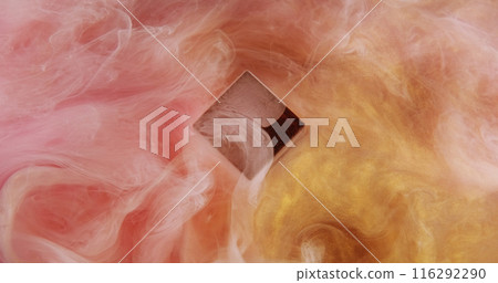 Paint splash. Color smoke cloud. Defocused pink yellow acrylic ink mix drop flow cube mist texture abstract art background with free space. Paint splash. Color smoke cloud. Defocused pink yellow acrylic ink mix drop flow cube mist texture abstract art background with free space. 116292290