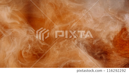 Steam cloud. Magic spell. Spiritual aura. Floating ink vapor mix. Orange glitter haze over glitter shiny dark background hypnotic mystical wave texture art. 116292292