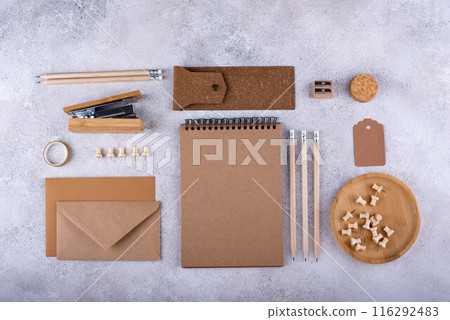 Eco wooden craft stationery. Sustainable life concept Eco wooden craft stationery. Sustainable life concept 116292483