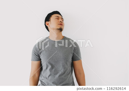 Sad man admit and confess his failure isolated on white. 116292614