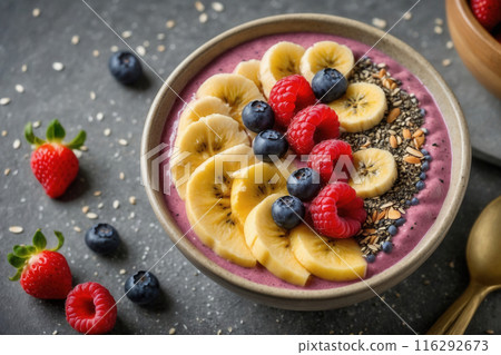 A brightly colored smoothie with sliced bananas and fresh berries, top view 116292673