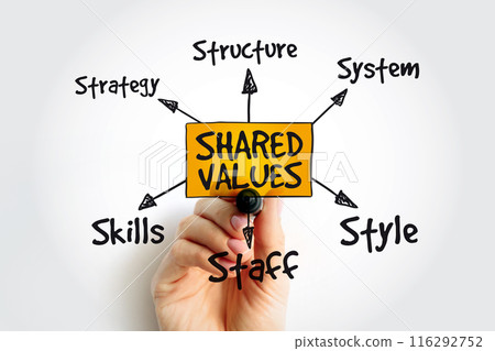 Shared values management business strategy mind map concept with marker 116292752