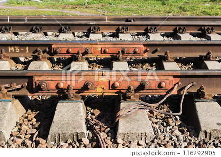 Railroad rail joint gap closeup 116292905