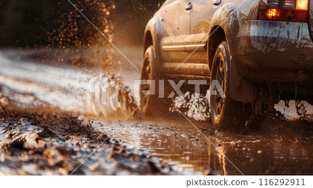 Close-up view of a car driving through the mud. off-road travel 116292911