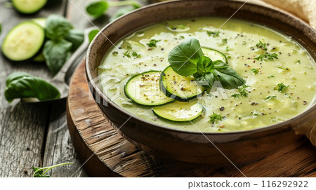 Creamy zucchini soup in a bowl on a wooden surface 116292922