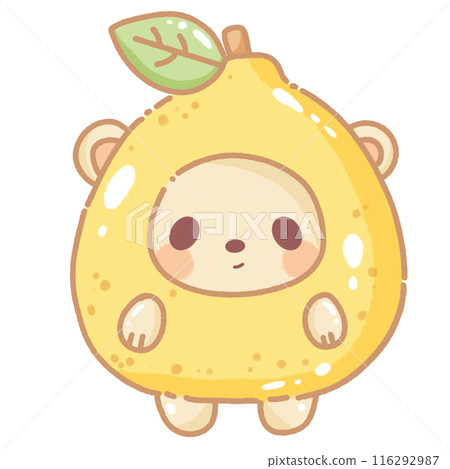 Hand drawn illustration kawaii yellow beige teddy bear dressed up as a lemon 116292987
