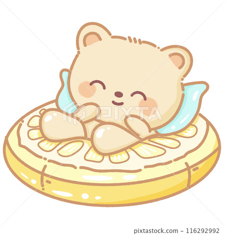 Hand drawn illustration kawaii yellow beige teddy bear laying on a giant lemon inflatable pool float Hand drawn illustration kawaii yellow beige teddy bear laying on a giant lemon inflatable pool float 116292992