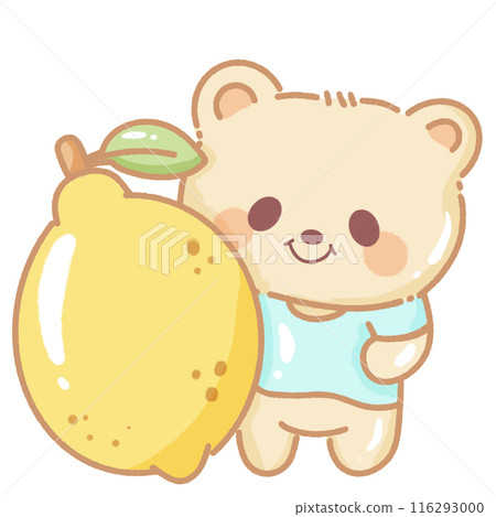 Hand drawn illustration kawaii yellow beige teddy bear standing beside a giant lemon Hand drawn illustration kawaii yellow beige teddy bear standing beside a giant lemon 116293000